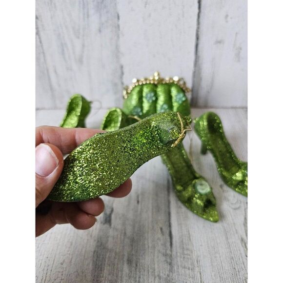 Green sparkle glitter stiletto heel shoe per set ornament Xmas tree purse - Picture 4 of 12